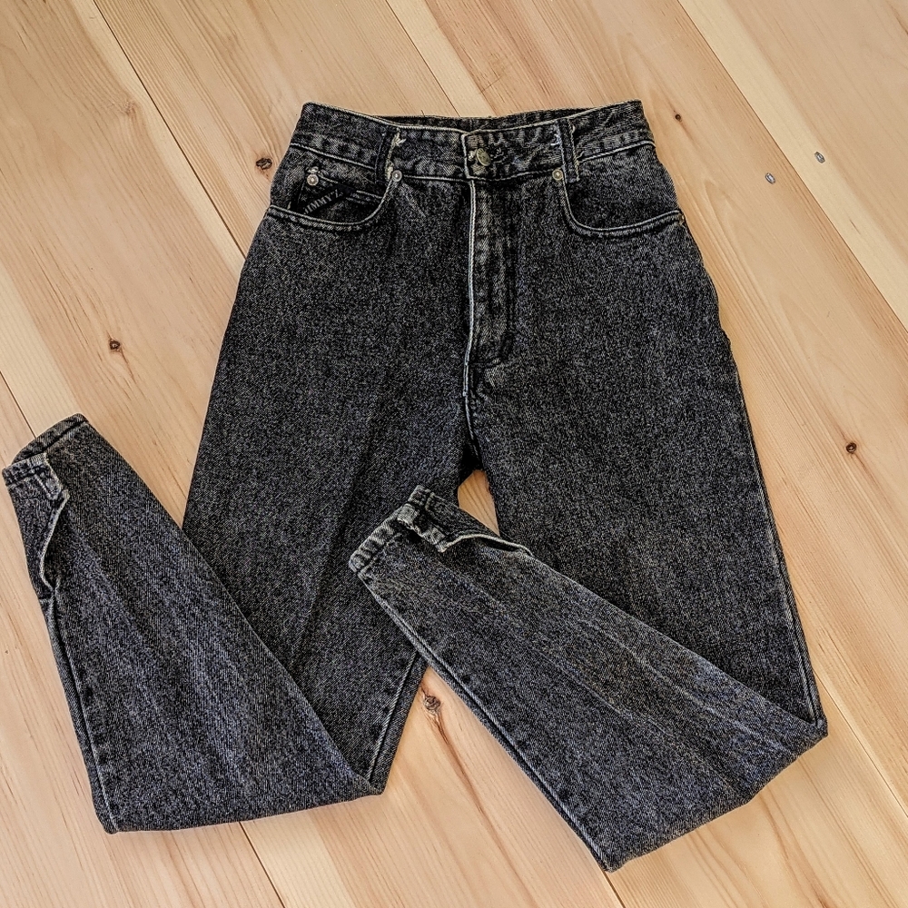 Rare Vintage 80s JIMMY Z Black Acid Wash Denim High Rise Ankle Velcro Jeans 26